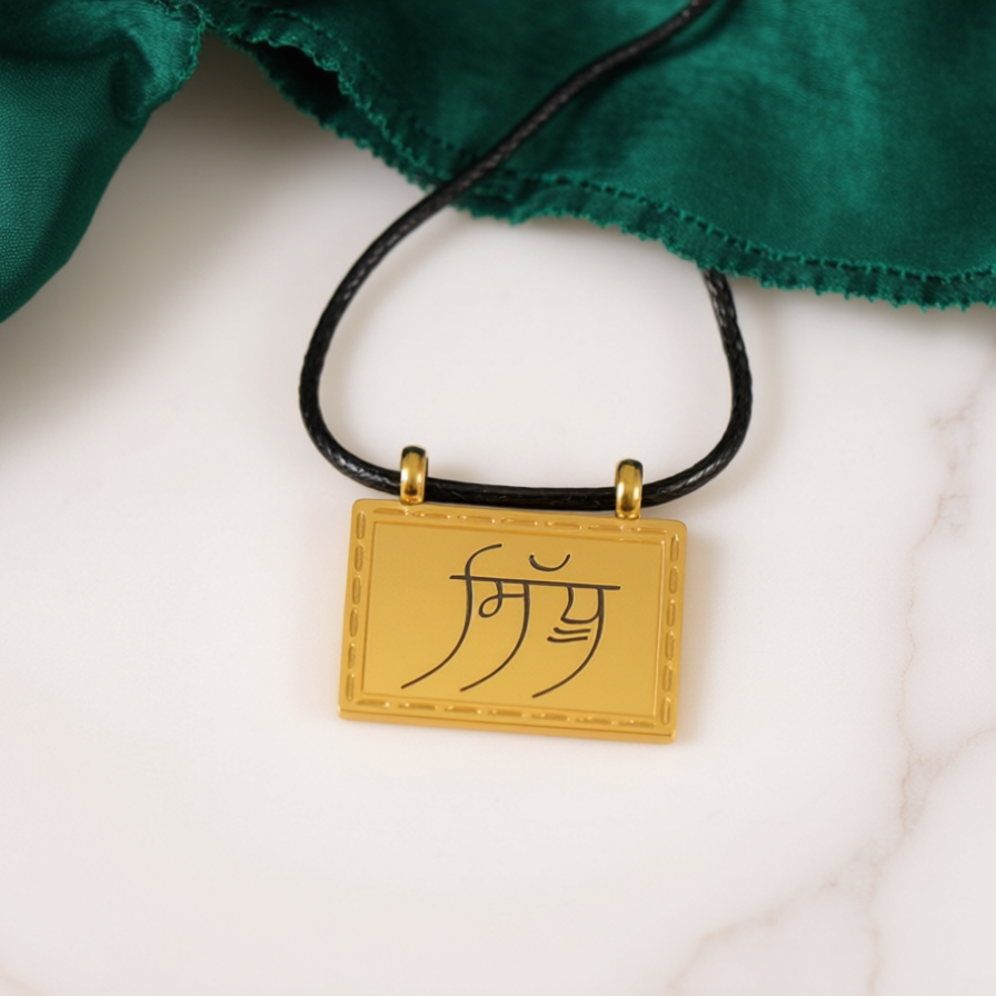 18K gold custom Punjabi taveet name necklace in Gurmukhi script.