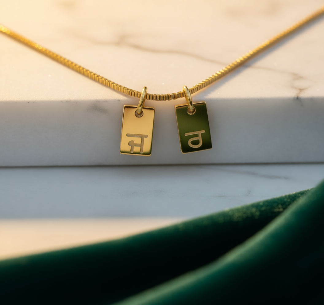 Gold-plated initial tag necklace with Gurmukhi letters, two tags on marble with green velvet
