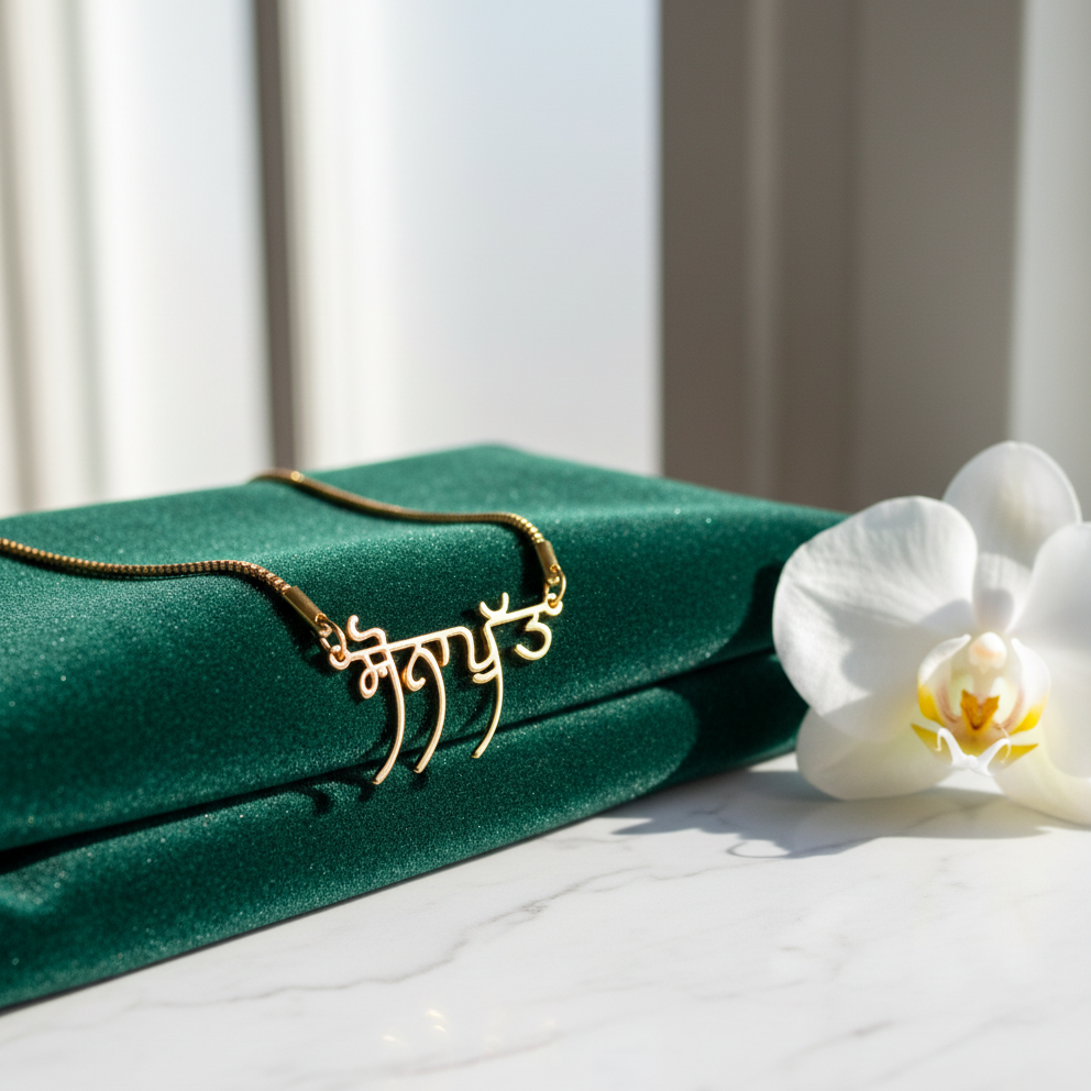 Gold-plated Gurmukhi (Punjabi) name necklace, on folded velvet with an orchid