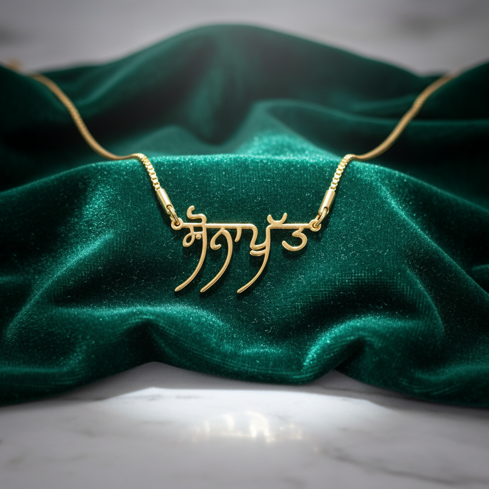 Gold-plated Gurmukhi (Punjabi) name necklace, on green velvet, soft light