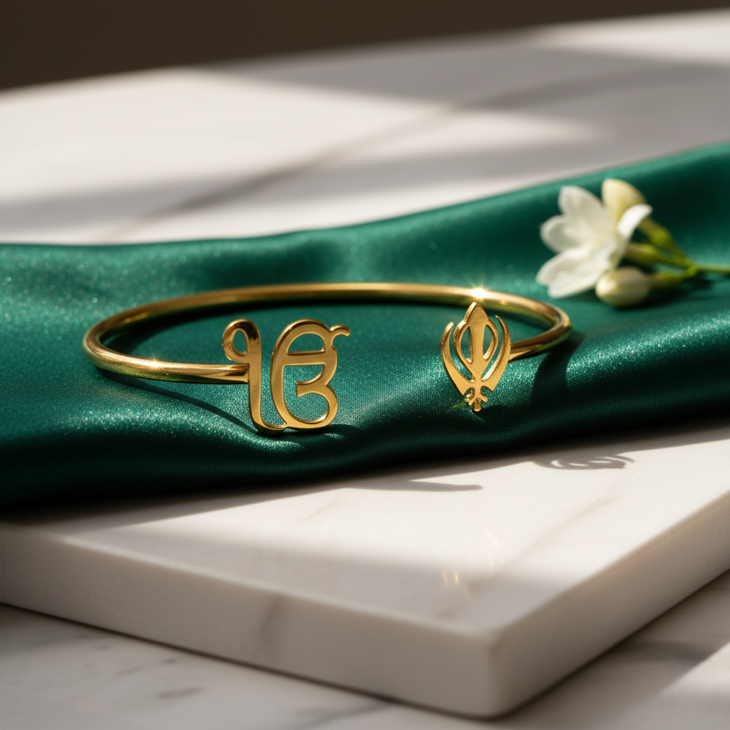 Ek Onkar and Khanda open kara bracelet, gold-plated, on green velvet with a white flower