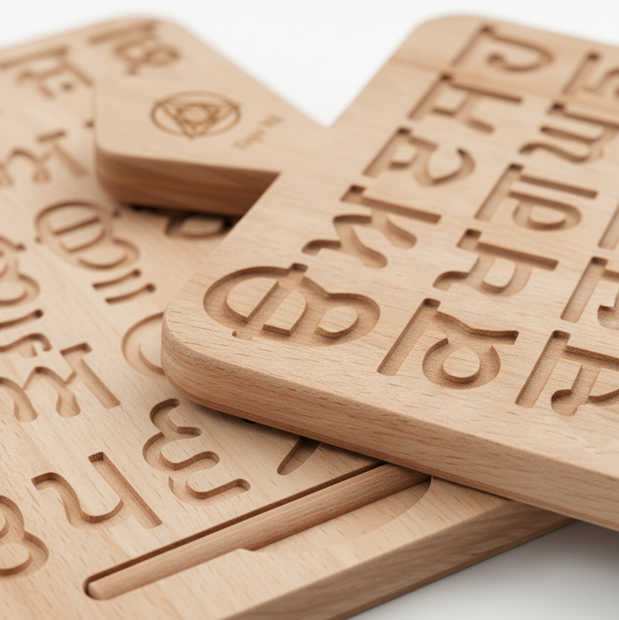 Fatti wooden Gurmukhi (Punjabi) tracing board for kids, close-up of the carved letters and pencil slot