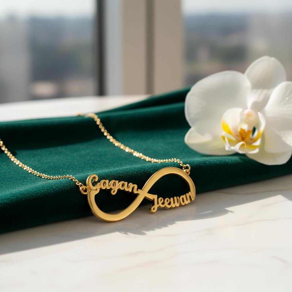 Gold-plated infinity name necklace with two names 'Gagan' and 'Jeewan', on velvet with a white orchid