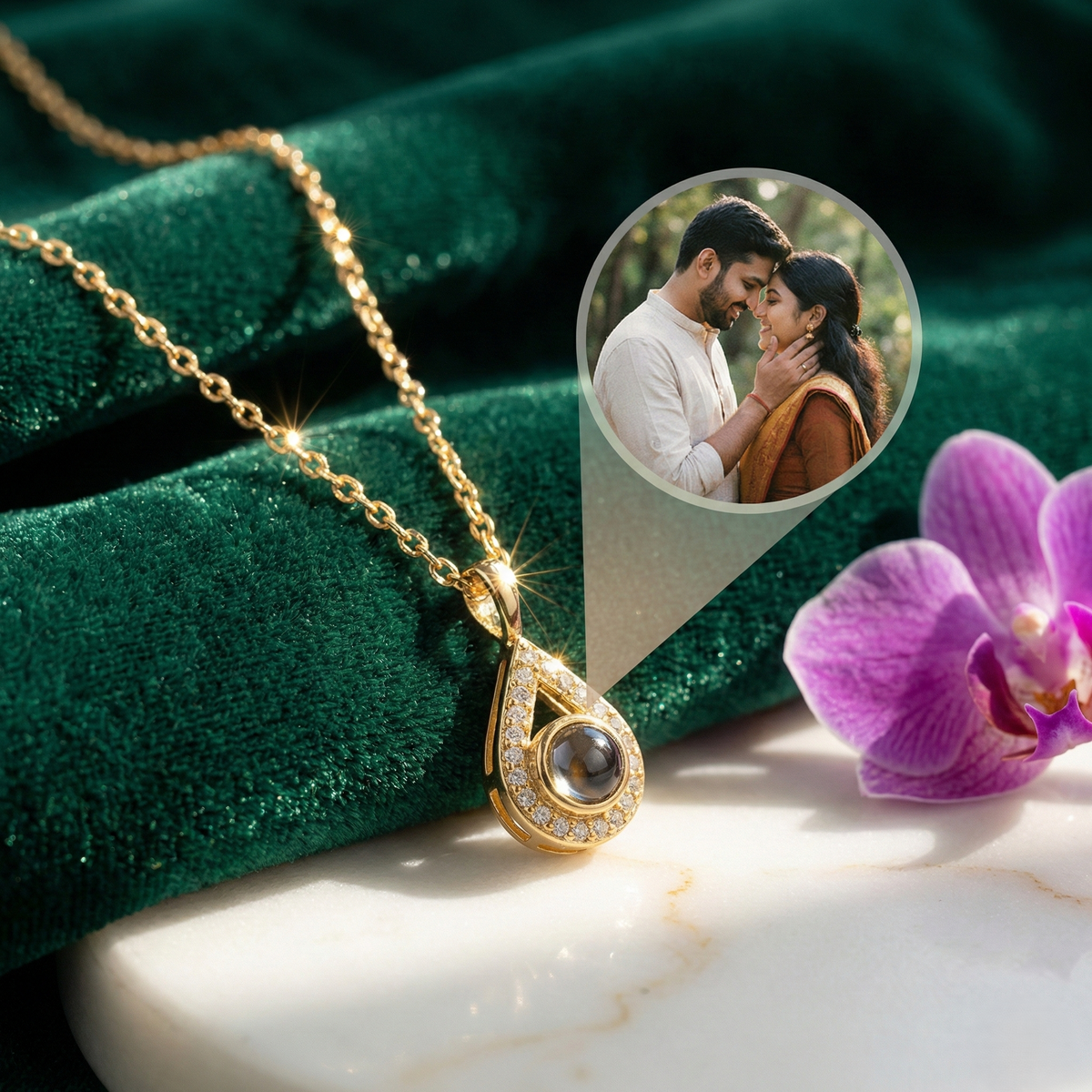 Pearl projection pendant with a hidden photo, teardrop-shaped with small sparkling stones, on green velvet, with the projected photo of a couple shown beside it