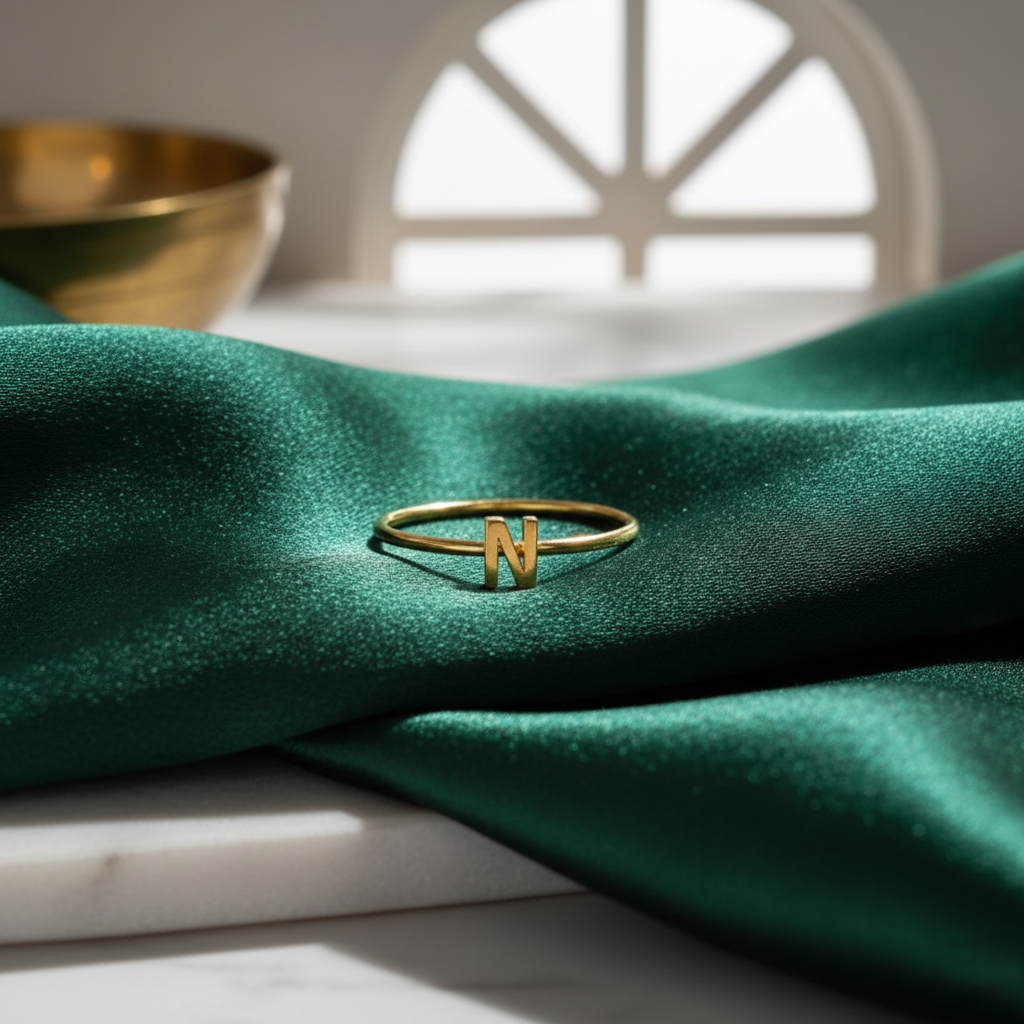 Personalized initial ring, thin gold-tone band with a letter, letter 'N' on green velvet