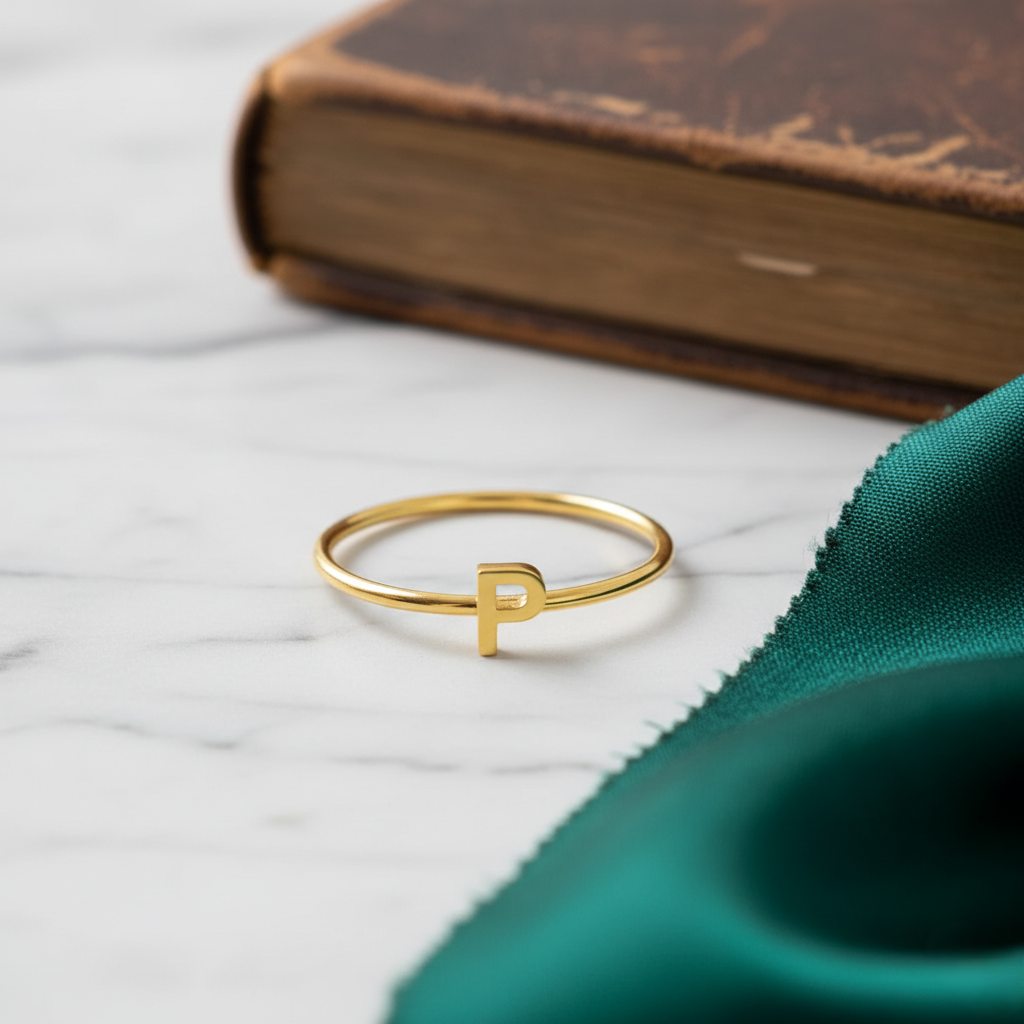 Personalized initial ring, thin gold-tone band with a letter, letter 'P' on marble beside a book