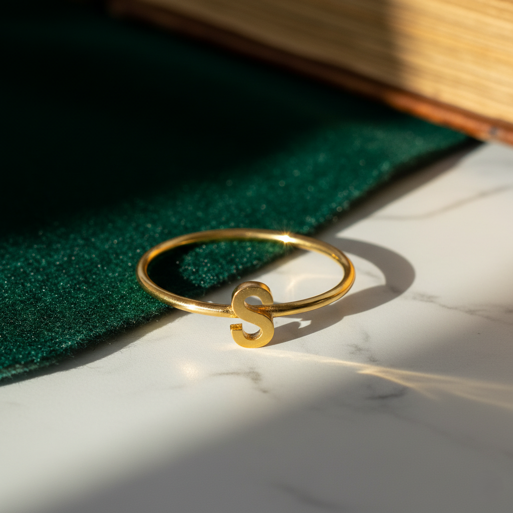 Personalized initial ring, thin gold-tone band with a letter, letter 'S' on marble with a book