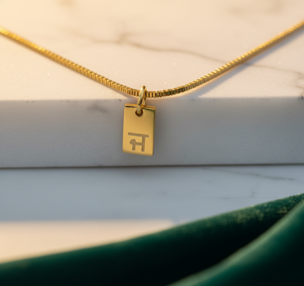Gold-plated initial tag necklace with Gurmukhi letters, one tag on marble