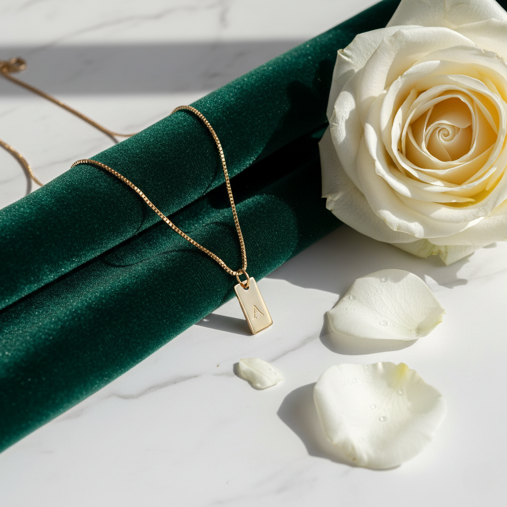 Dainty initial tag necklace, gold-tone rectangular tag with letter 'A', on a chain over velvet with a white rose