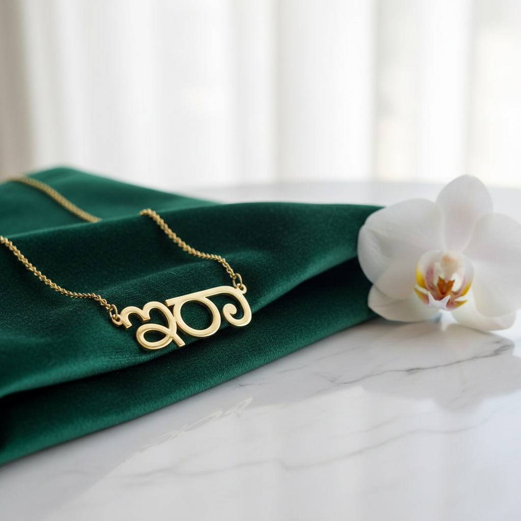 Gold-plated Kannada name necklace, name in Kannada script on green velvet with an orchid