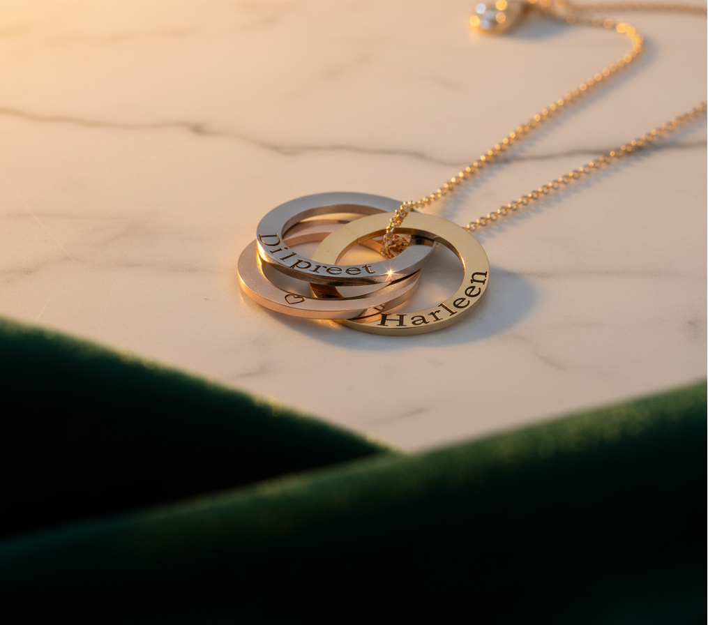 Linked circles necklace: three interlocking rings engraved with names such as 'Dilpreet' and 'Harleen', on marble beside velvet
