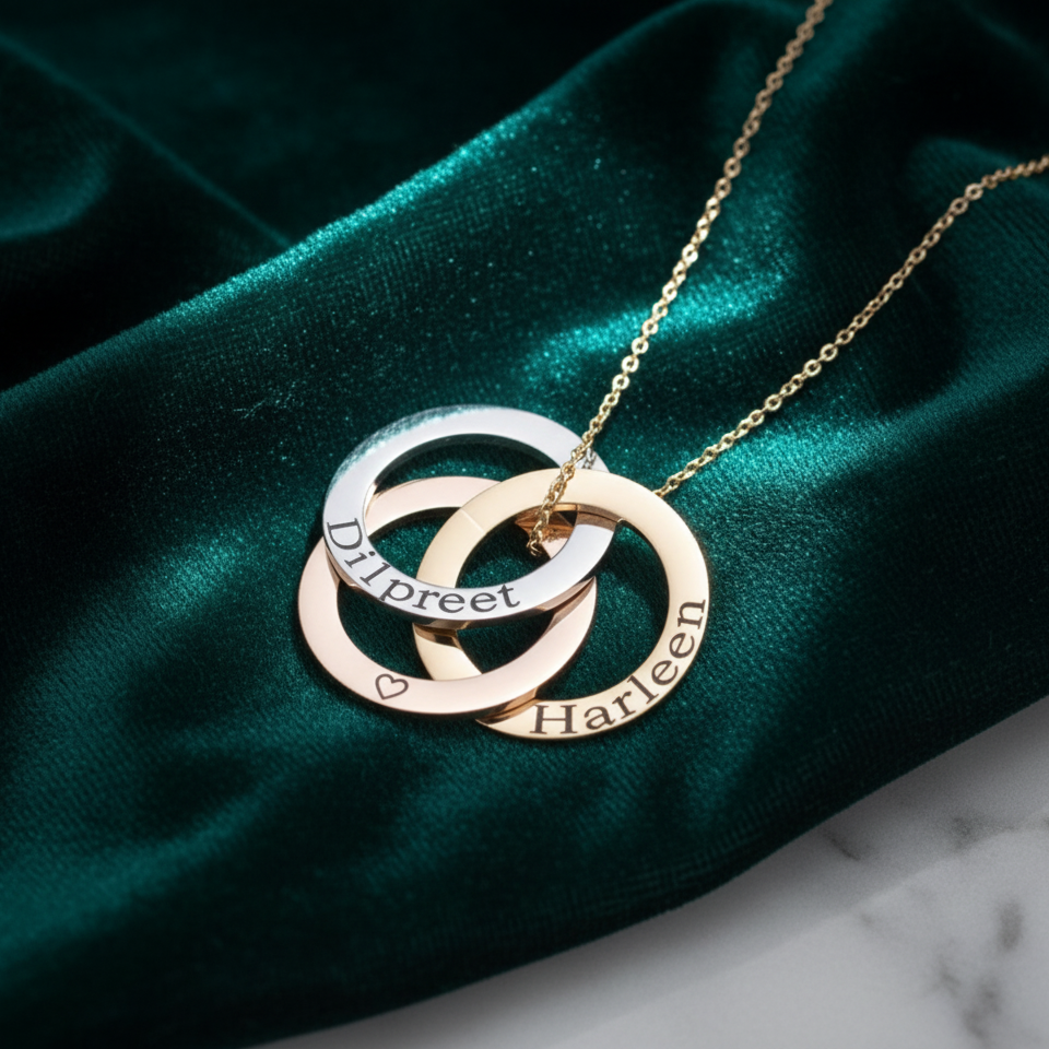 Linked circles necklace: three interlocking rings engraved with names such as 'Dilpreet' and 'Harleen', on green velvet