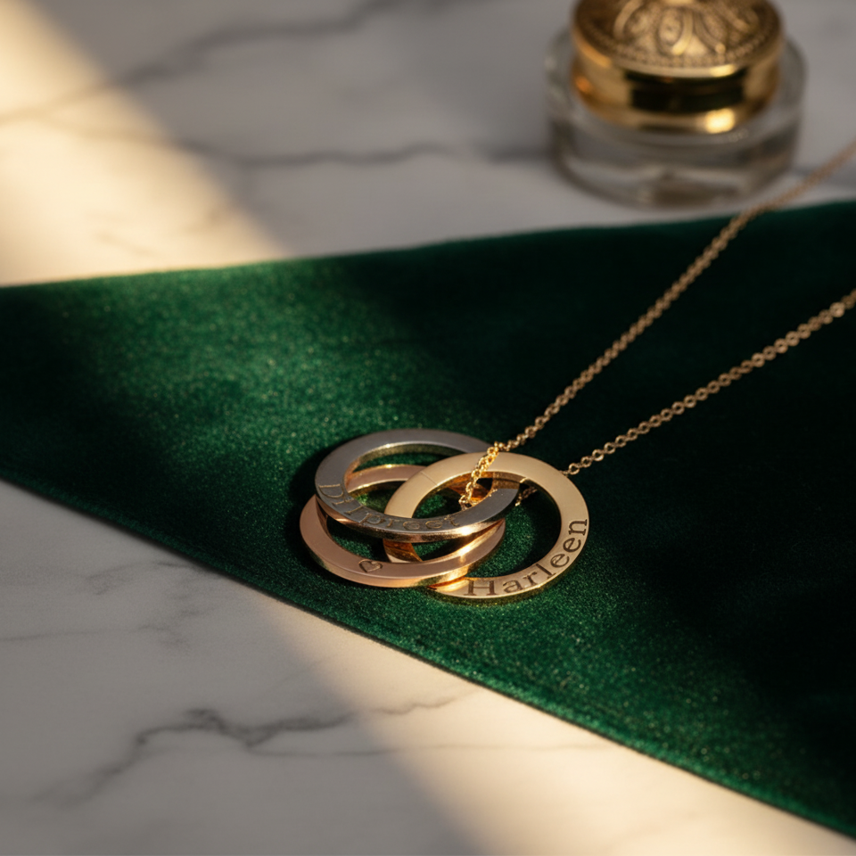 Linked circles necklace: three interlocking rings engraved with names such as 'Dilpreet' and 'Harleen', on velvet and marble beside a jar