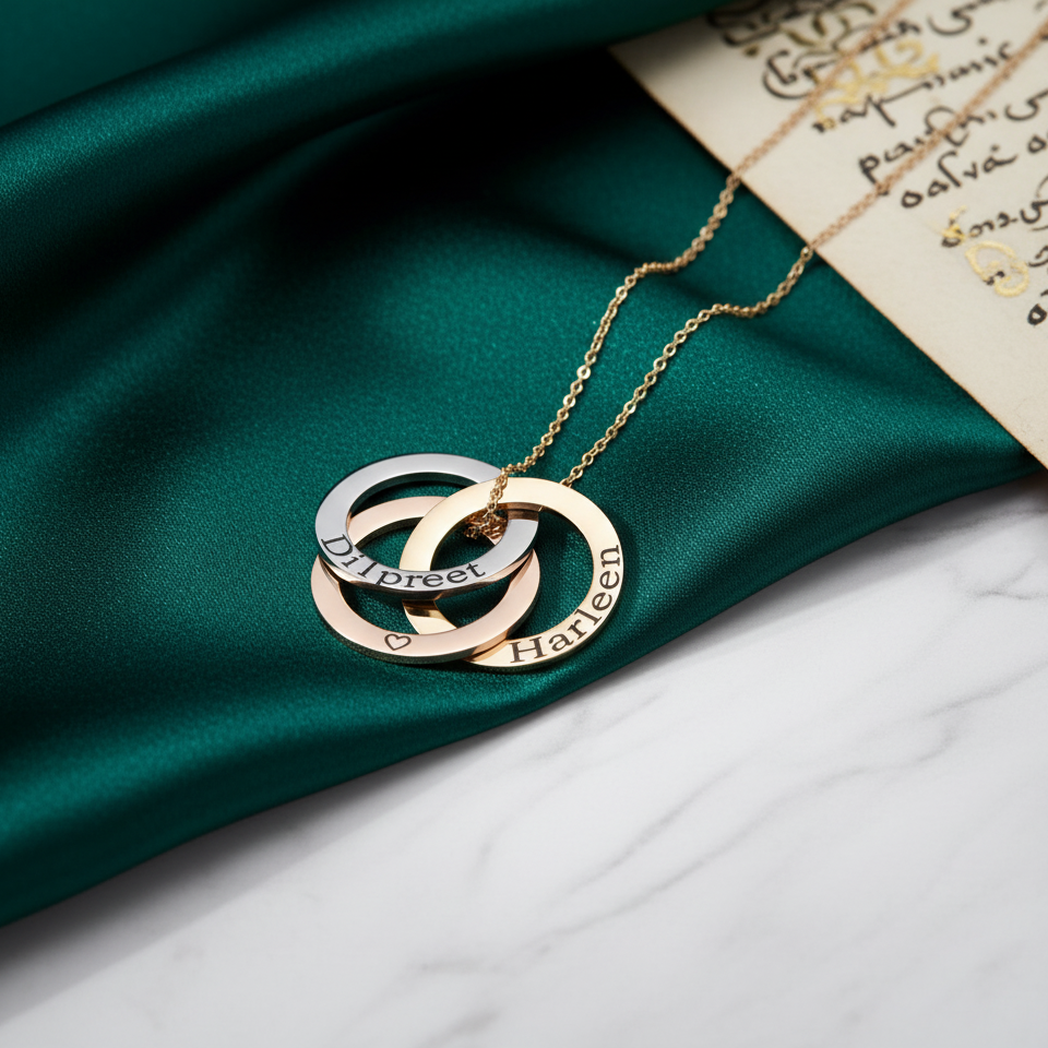 Linked circles necklace: three interlocking rings engraved with names such as 'Dilpreet' and 'Harleen', on green velvet with a handwritten note