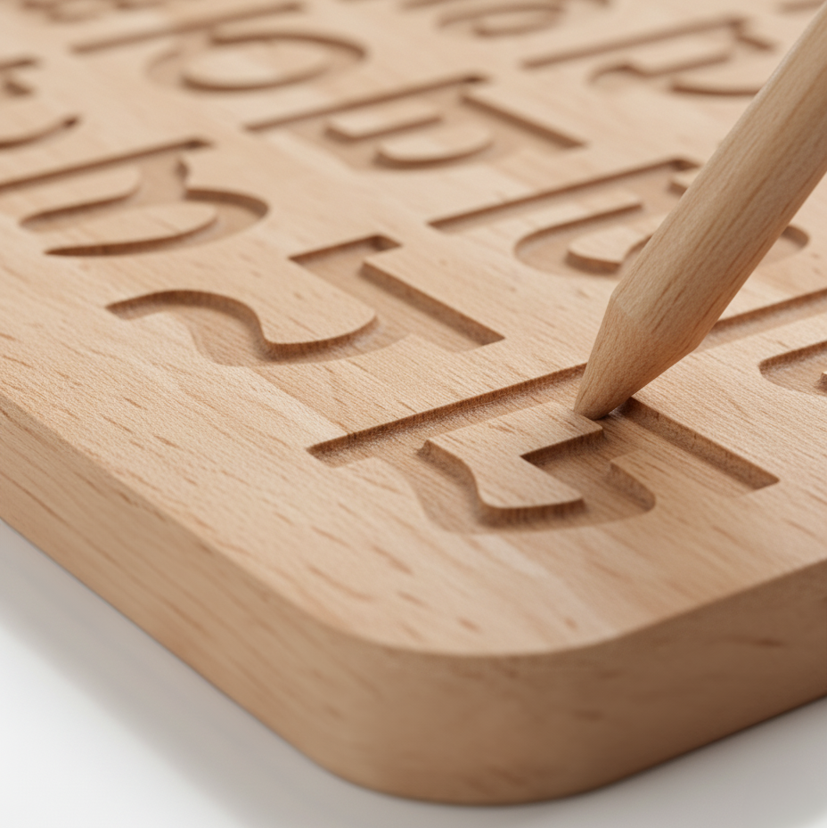 Fatti wooden Gurmukhi (Punjabi) tracing board for kids, close-up of a pencil tracing a letter groove