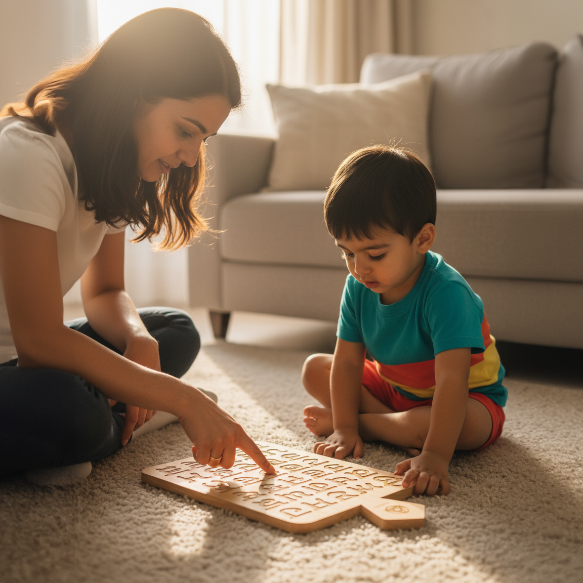 Woman and child playing with a punjabi gurmukhi wooden tracing board on the floor in a living room.