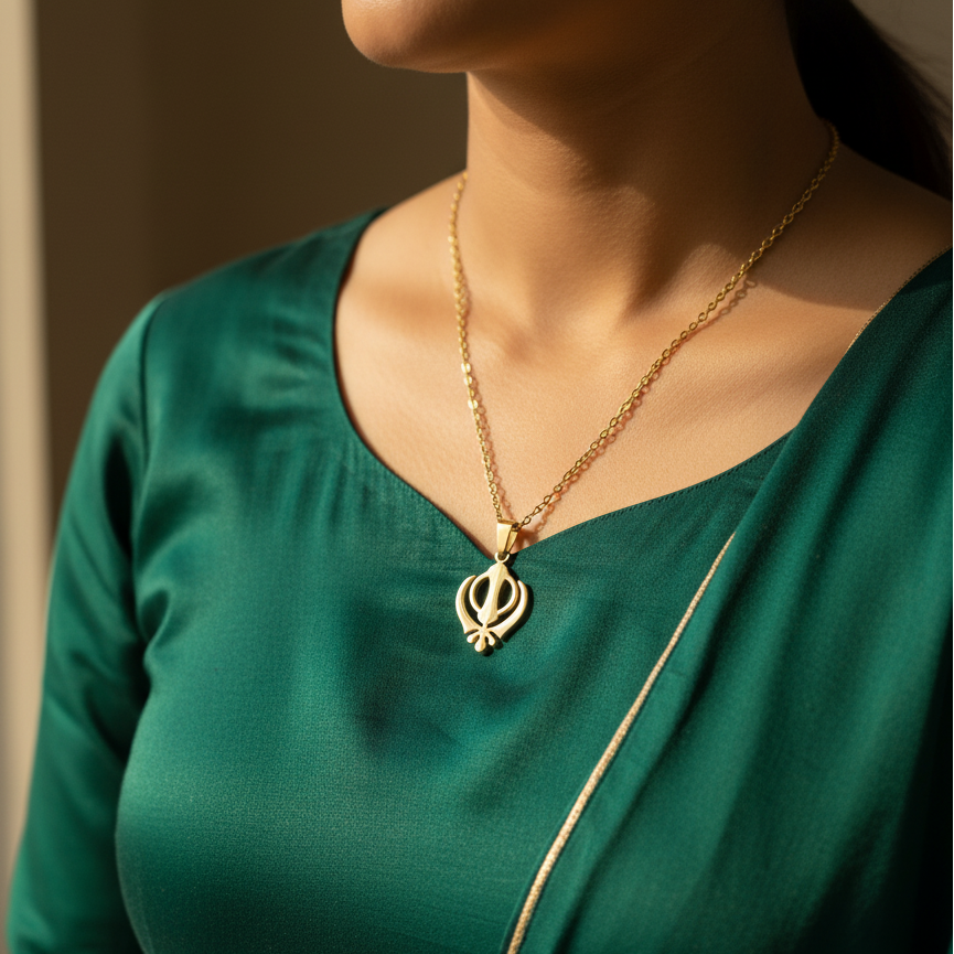 Gold-plated Khanda pendant necklace, worn with a green top