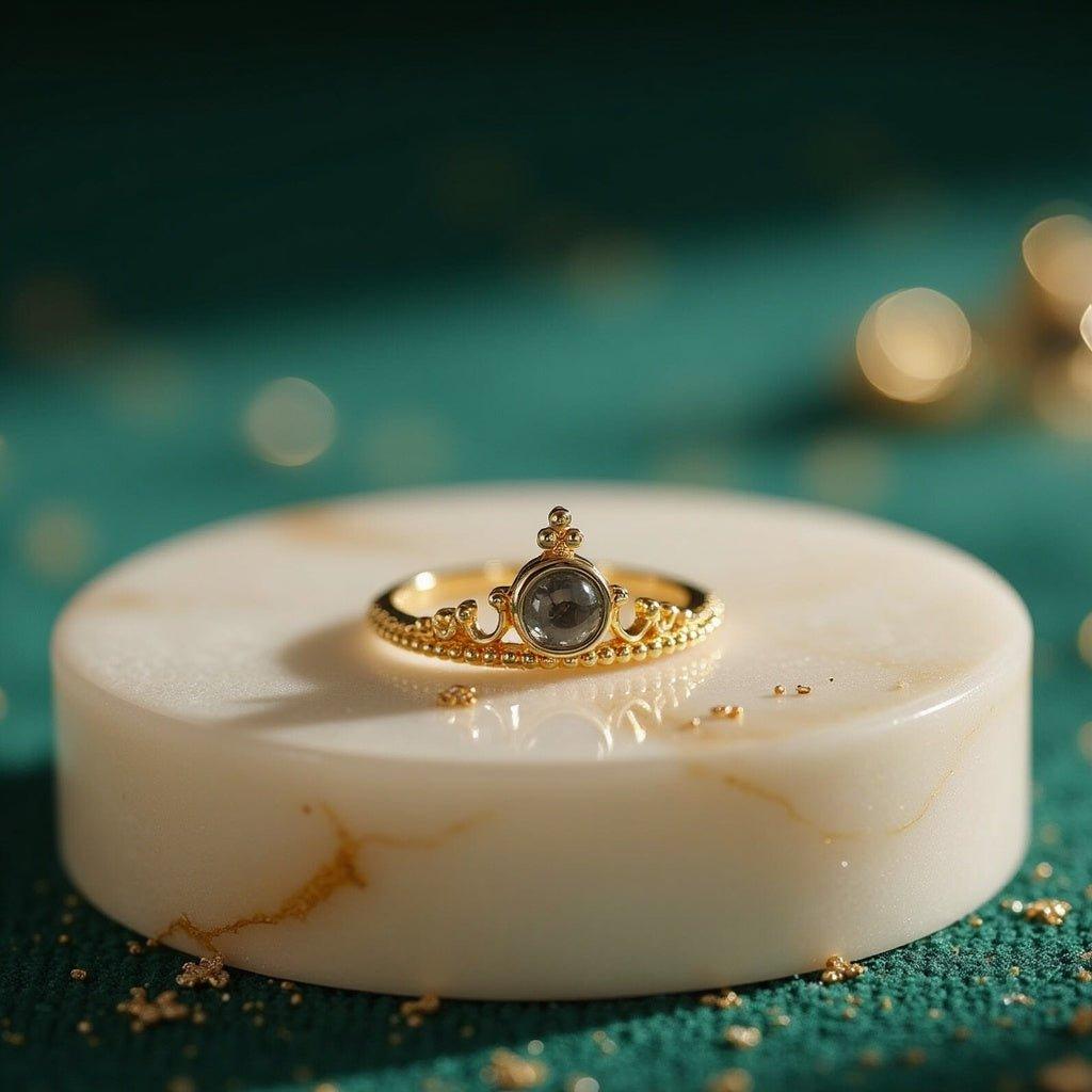 Crown projection ring with a hidden photo in the round stone, gold-tone crown band, on a marble disc