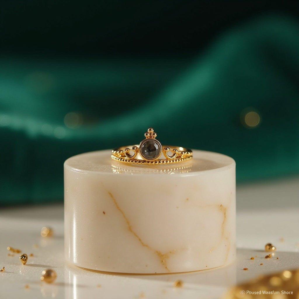 Crown projection ring with a hidden photo in the round stone, gold-tone crown band, on a small marble cylinder