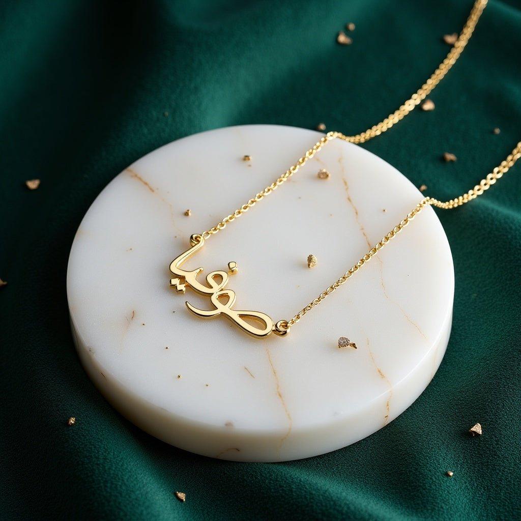 Gold-plated Arabic/Urdu name necklace, a different name on a marble disc