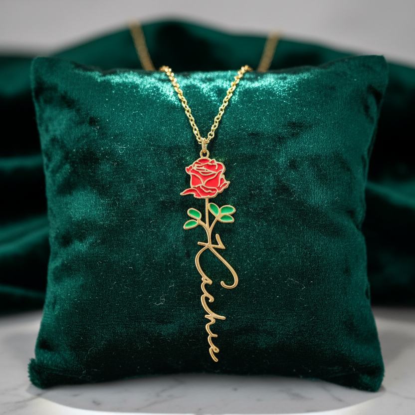Birth flower name necklace: coloured birth flower with a name below, gold-tone, red rose with a name on a velvet cushion