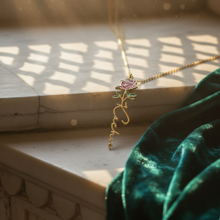 Birth flower name necklace: coloured birth flower with a name below, gold-tone, on a marble block in sunlight