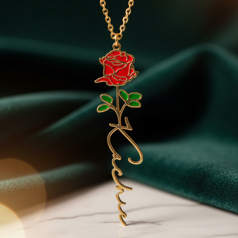 Birth flower name necklace: coloured birth flower with a name below, gold-tone, close-up of a red rose with a name on velvet