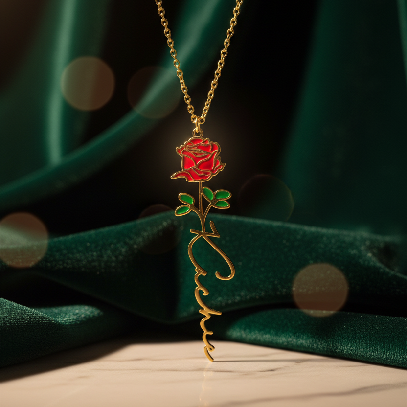 Birth flower name necklace: coloured birth flower with a name below, gold-tone, red rose with a name on satin