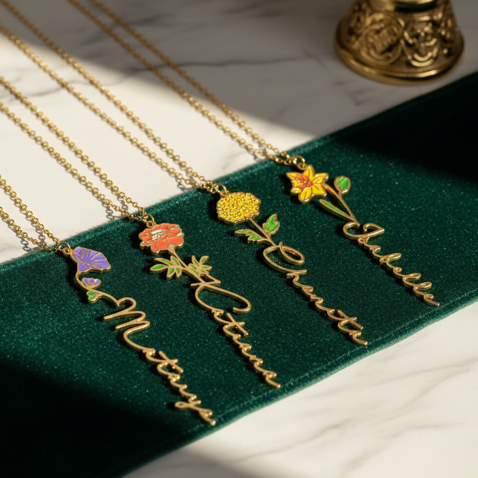 Birth flower name necklace: coloured birth flower with a name below, gold-tone, four necklaces on green velvet