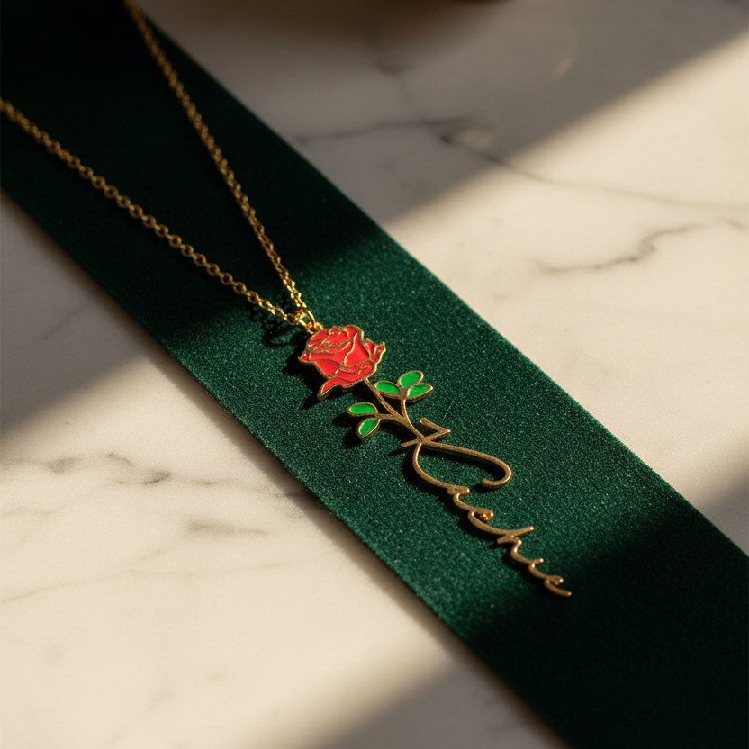 Birth flower name necklace: coloured birth flower with a name below, gold-tone, red rose with a name on a green ribbon