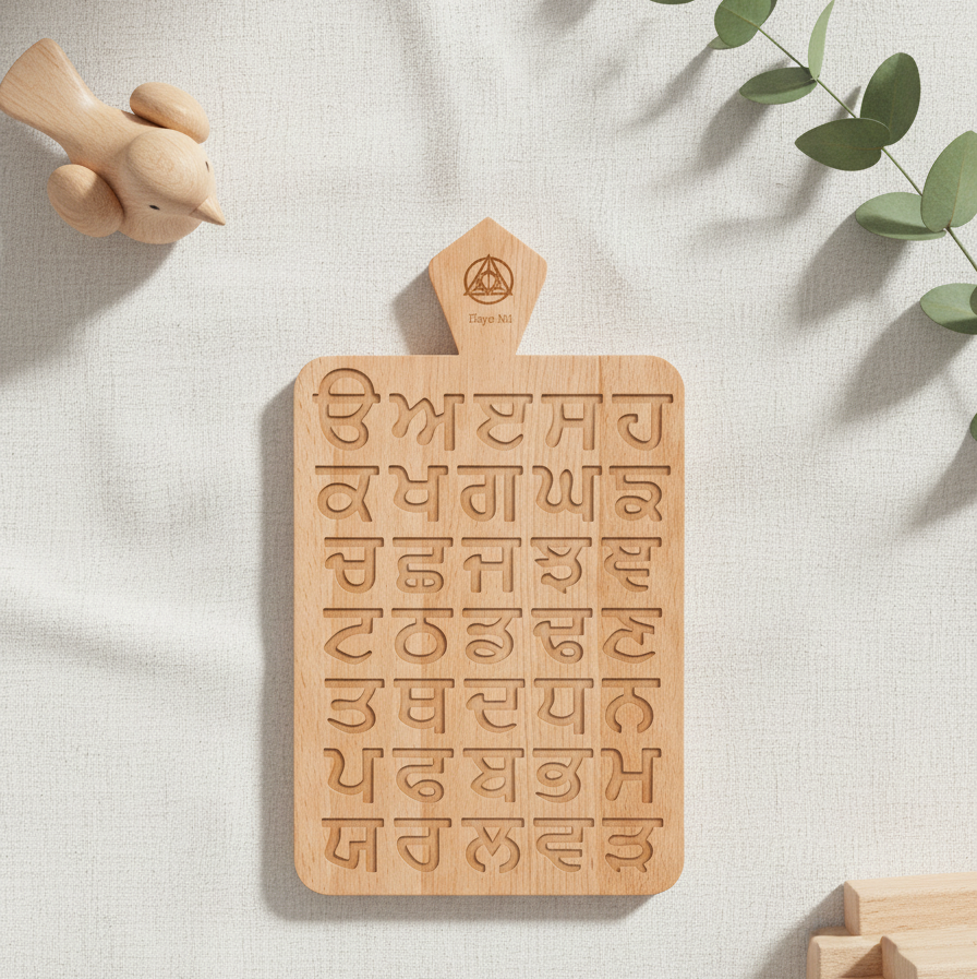 Fatti wooden Gurmukhi (Punjabi) tracing board for kids, on a soft white surface with a wooden toy bird