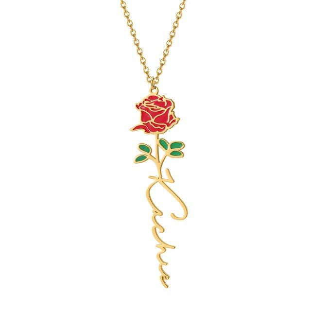 Birth flower name necklace: coloured birth flower with a name below, gold-tone, red rose with a name, on white