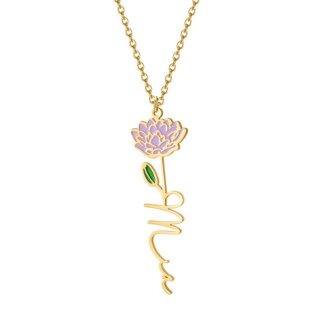 Birth flower name necklace: coloured birth flower with a name below, gold-tone, purple flower with a name, on white