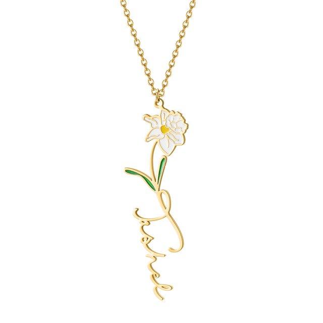 Birth flower name necklace: coloured birth flower with a name below, gold-tone, white flower with a name, on white