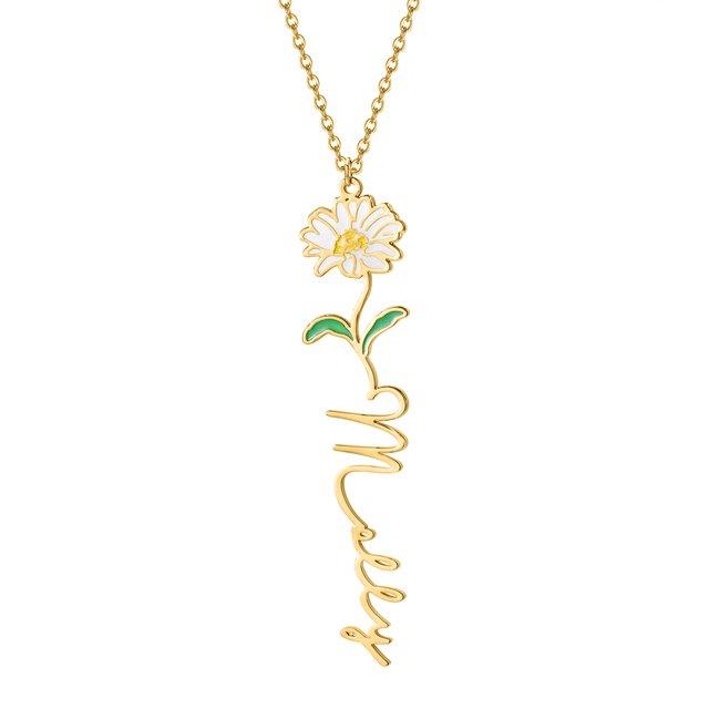 Birth flower name necklace: coloured birth flower with a name below, gold-tone, white daisy with a name, on white