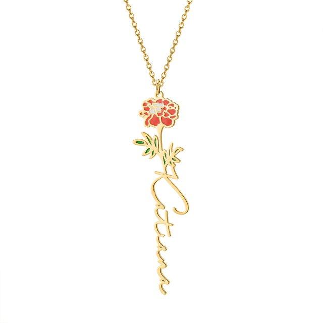Birth flower name necklace: coloured birth flower with a name below, gold-tone, red flower with a name, on white