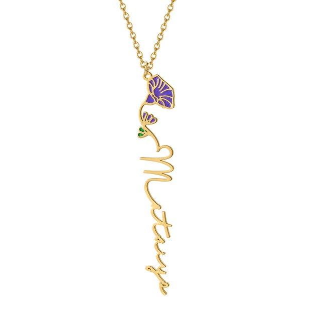 Birth flower name necklace: coloured birth flower with a name below, gold-tone, purple morning glory with a name, on white