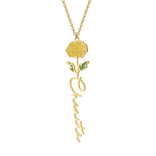 Birth flower name necklace: coloured birth flower with a name below, gold-tone, yellow marigold with a name, on white
