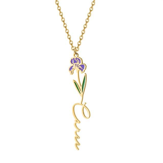 Birth flower name necklace: coloured birth flower with a name below, gold-tone, blue-purple iris with a name, on white
