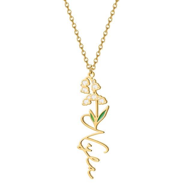 Birth flower name necklace: coloured birth flower with a name below, gold-tone, white lily of the valley with a name, on white