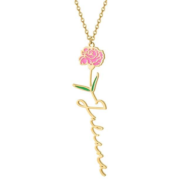 Birth flower name necklace: coloured birth flower with a name below, gold-tone, pink carnation with a name, on white