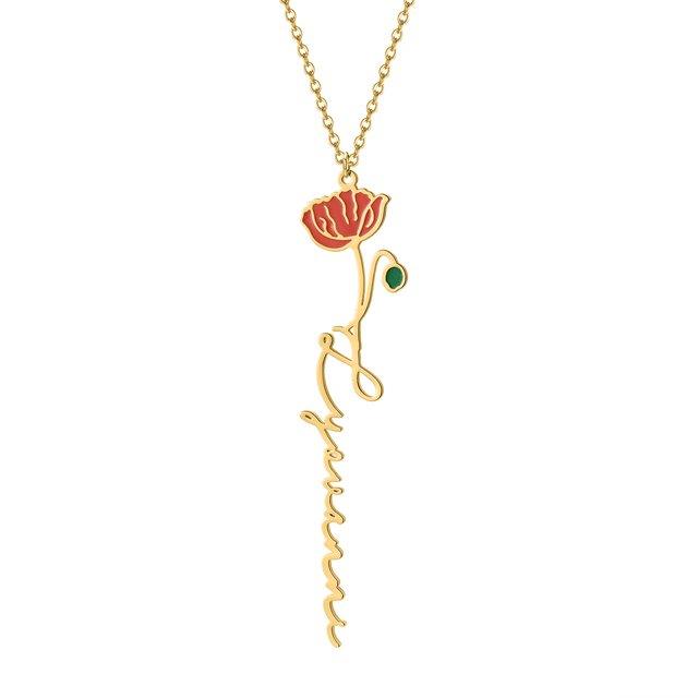 Birth flower name necklace: coloured birth flower with a name below, gold-tone, orange-red poppy with a name, on white