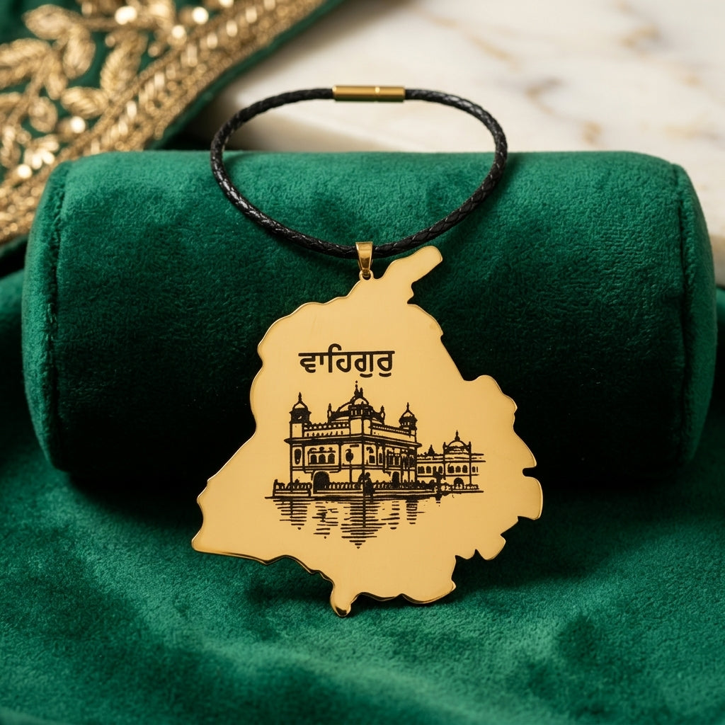 Close view of the Golden Temple engraving on a gold Punjab map car hanging