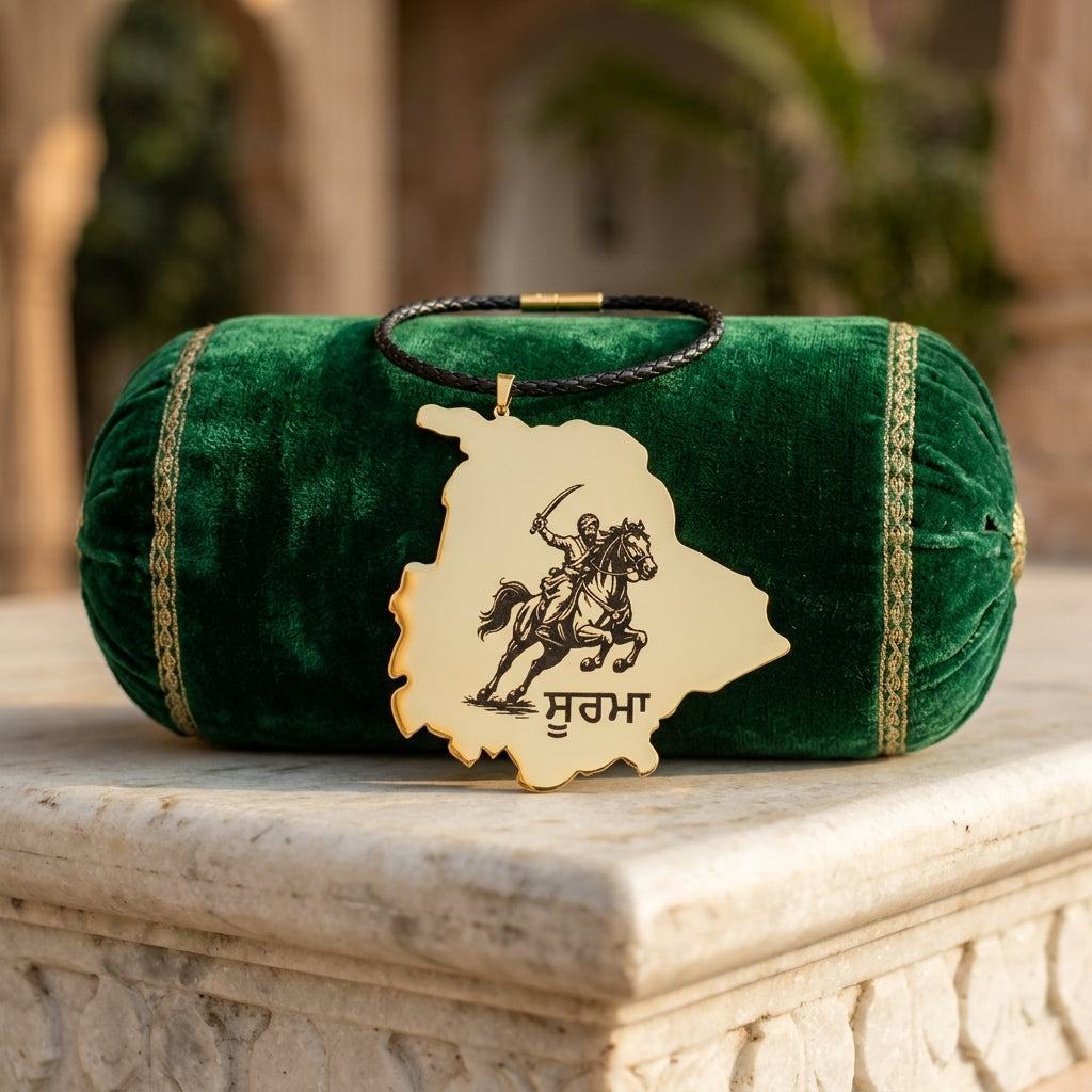 Soorma Punjab map car hanging with a black thread on a green cushion