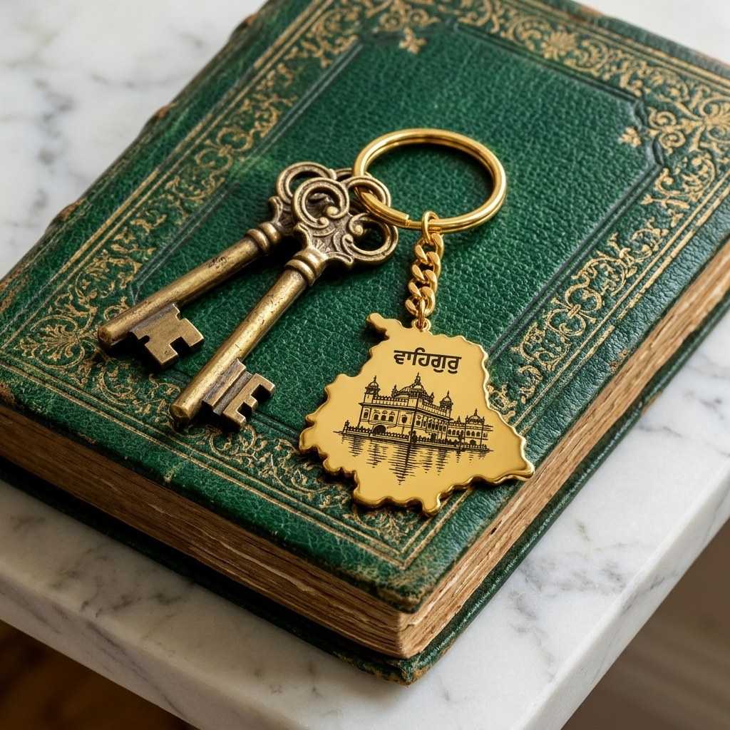 Punjab map keychain with the Golden Temple and ਵਾਹਿਗੁਰੂ, next to old brass keys