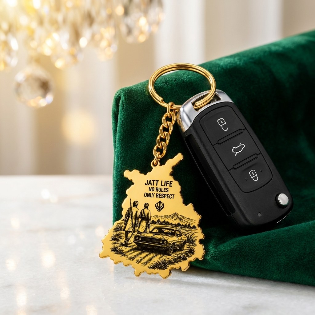 Jatt Life Punjab map keychain with a car key