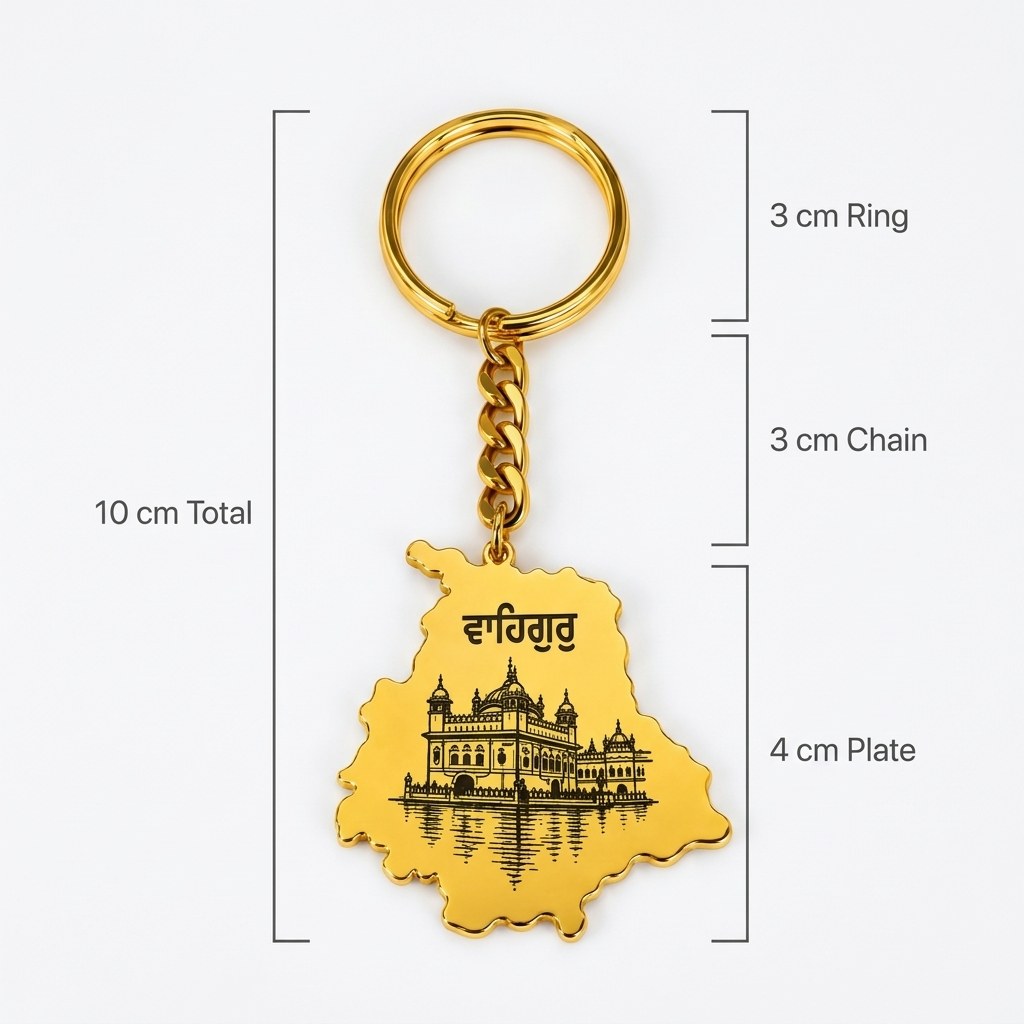 Size of the Punjab map keychain: 3 cm ring, 3 cm chain and a 4 cm tall map, about 10 cm in total