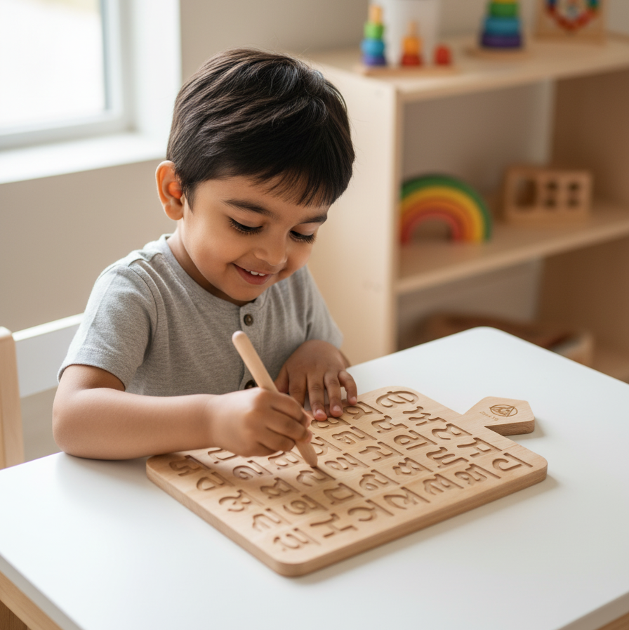 Fatti wooden Gurmukhi (Punjabi) tracing board for kids, a child tracing letters on the board at a table