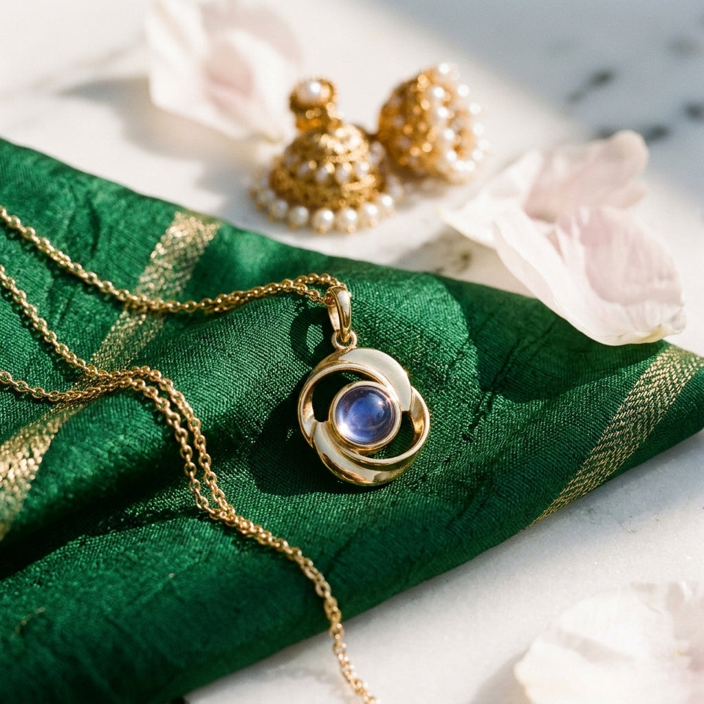 Gold rose projection necklace with pearl jhumka earrings on green silk