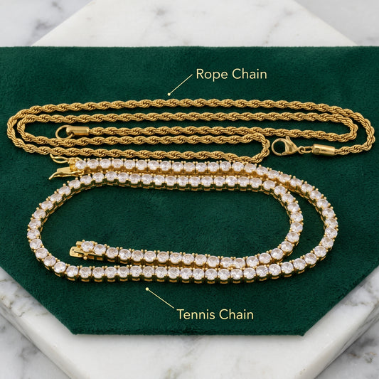 Rope chain and tennis chain choices for the rotating photo pendant